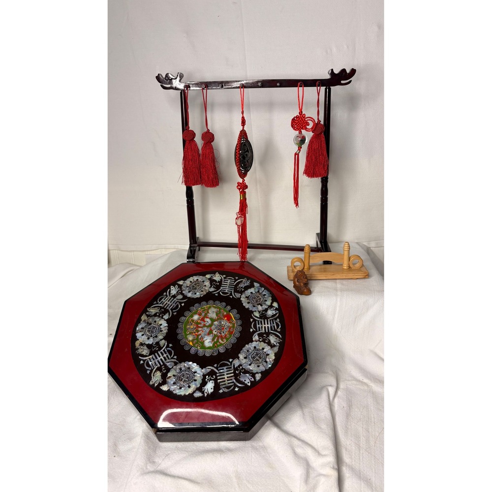 Vintage Korean Mother of Pearl Lacquerware Octagonal Tray Set with Dragon Stand